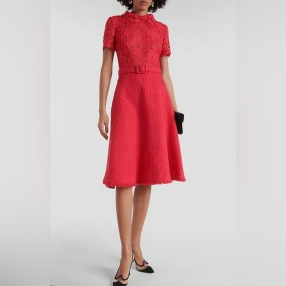 Oscar de la Renta NWT Short-Sleeve Gardenia Guipure And Tweed Midi Dress - Picture 10 of 13